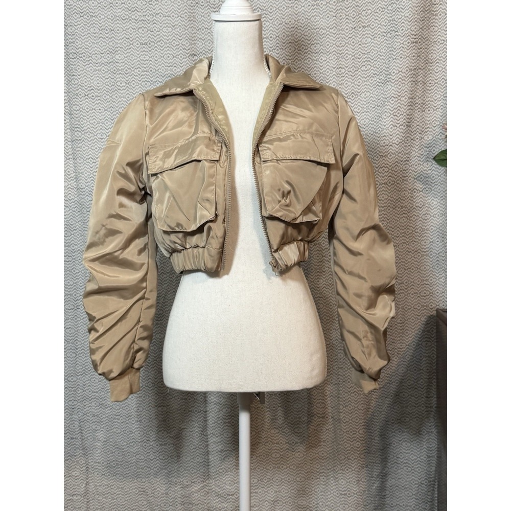 Eilly Bazar Tan Cropped Puffer Jacket Soft Pockets Small